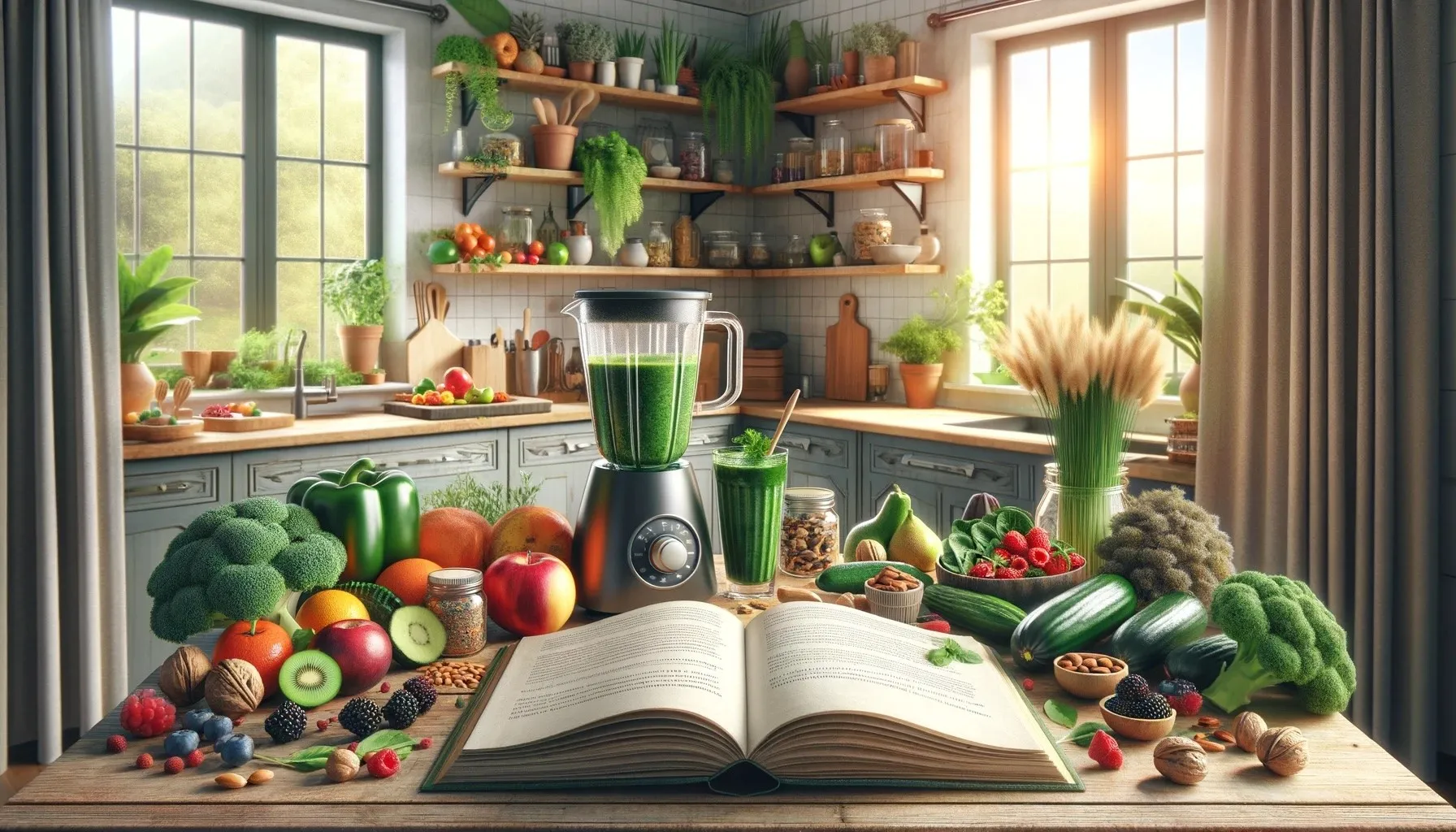 Küche mit frischem Obst, Gemüse, Nüssen, grünem Smoothie und aufgeschlagenem Buch