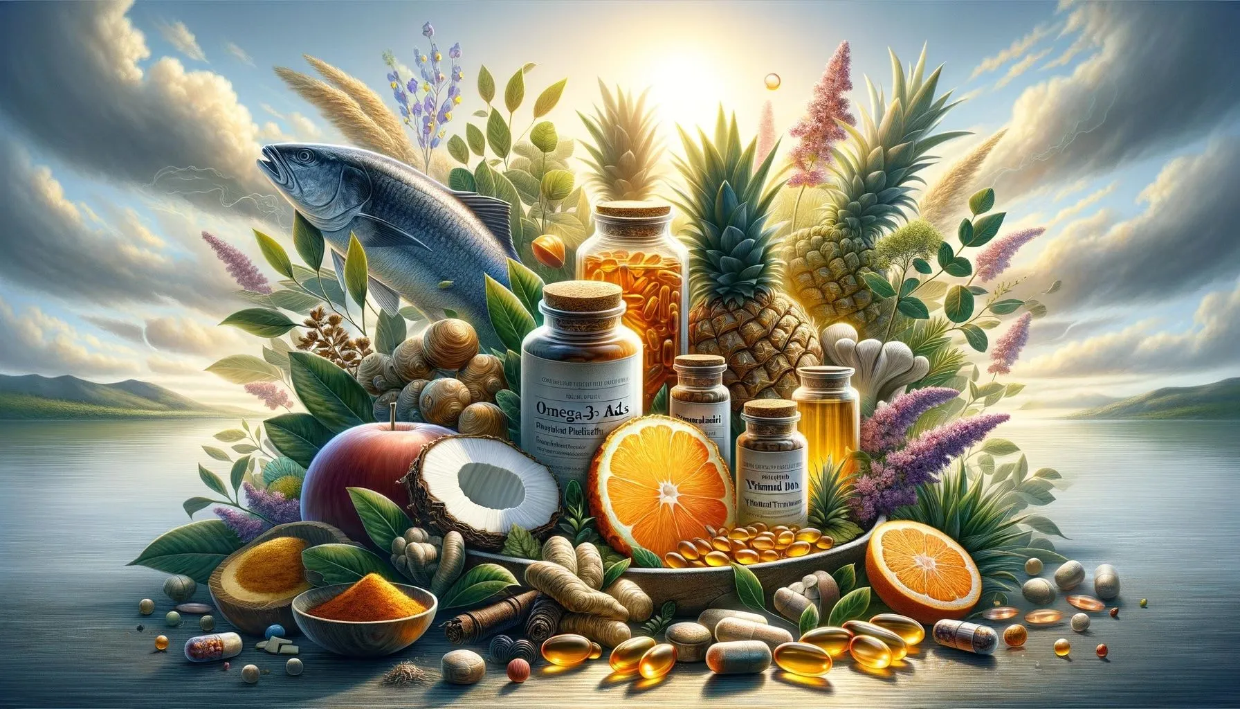 Fisch, Ananas, Zitrusfrüchte, Ingwer, Kurkuma, Kräuter und Kapseln als Sinnbild für natürliche antientzündliche Wirkstoffe
