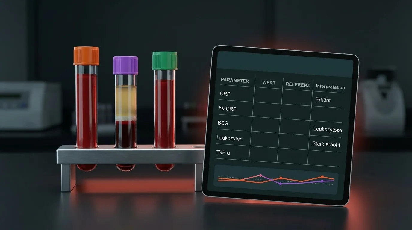 Blutröhrchen im Laborständer neben einem Tablet mit Laborwerten wie CRP, BSG und Leukozyten