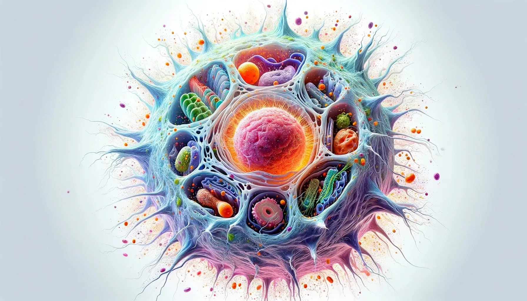 Farbige Illustration einer Körperzelle mit Zellkern und Zellorganellen