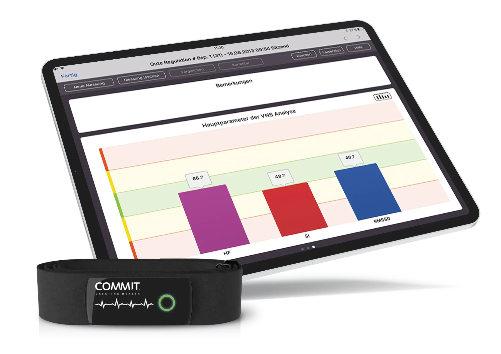 Tablet mit Auswertung der VNS-Analyse (Herzfrequenz, Stressindex, RMSSD) und Brustgurt zur Messung der Herzratenvariabilität