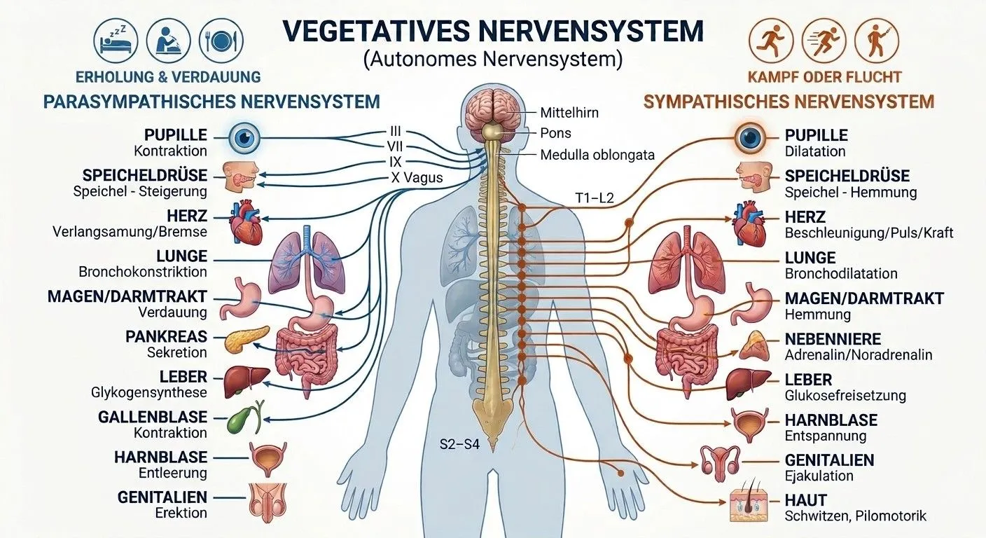 Infografik vegetatives Nervensystem: Wirkungen von Parasympathikus (Erholung und Verdauung) und Sympathikus (Kampf oder Flucht) auf Pupille, Speicheldrüse, Herz, Lunge, Magen-Darm-Trakt, Leber, Harnblase, Genitalien und Haut